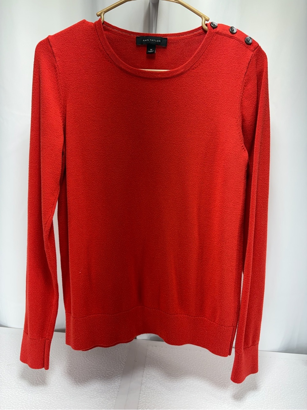 Ann Taylor Red Crewneck Sweater with Shoulder Buttons 4610